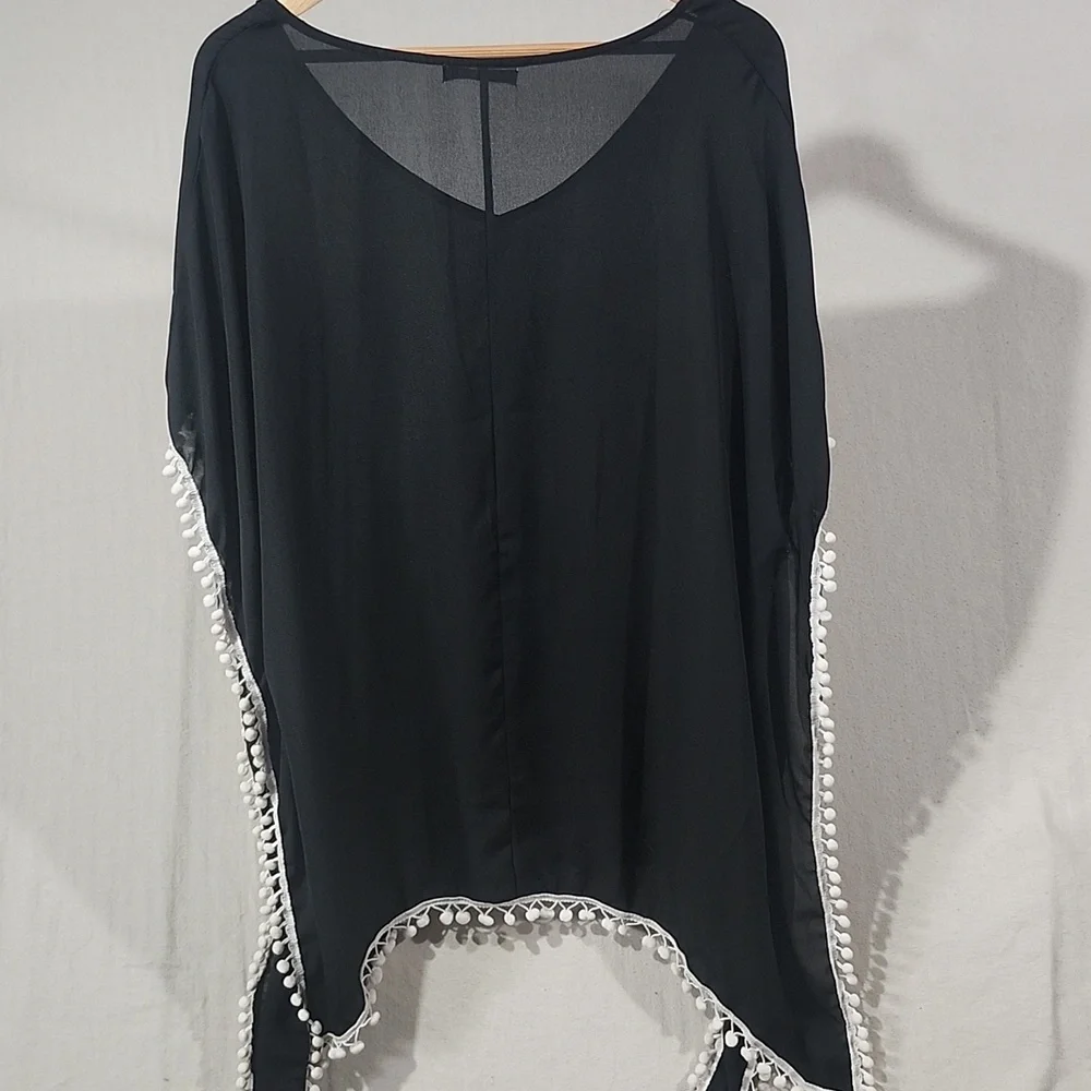 Adreamily Black Semi Sheer Poncho / Bathing‎ Suit Cover W/ White Pom Pom Trim OS